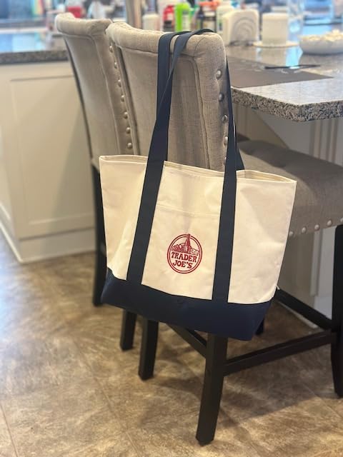 YFUG GO Exzma Trader Joes tote with embroidered logo, everyday shopping essential.