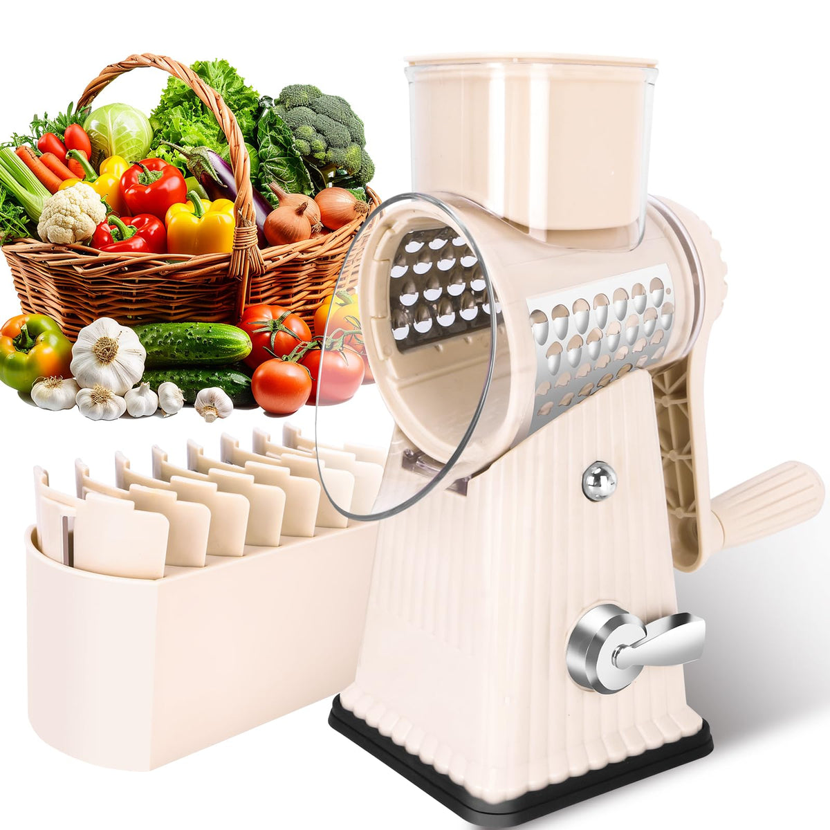 YHBRAK rotary cheese grater front view with off-white finish and modern style.