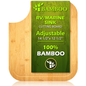 YHMYOALU RV bamboo cutting board in full view, fits most sinks and adds prep space.