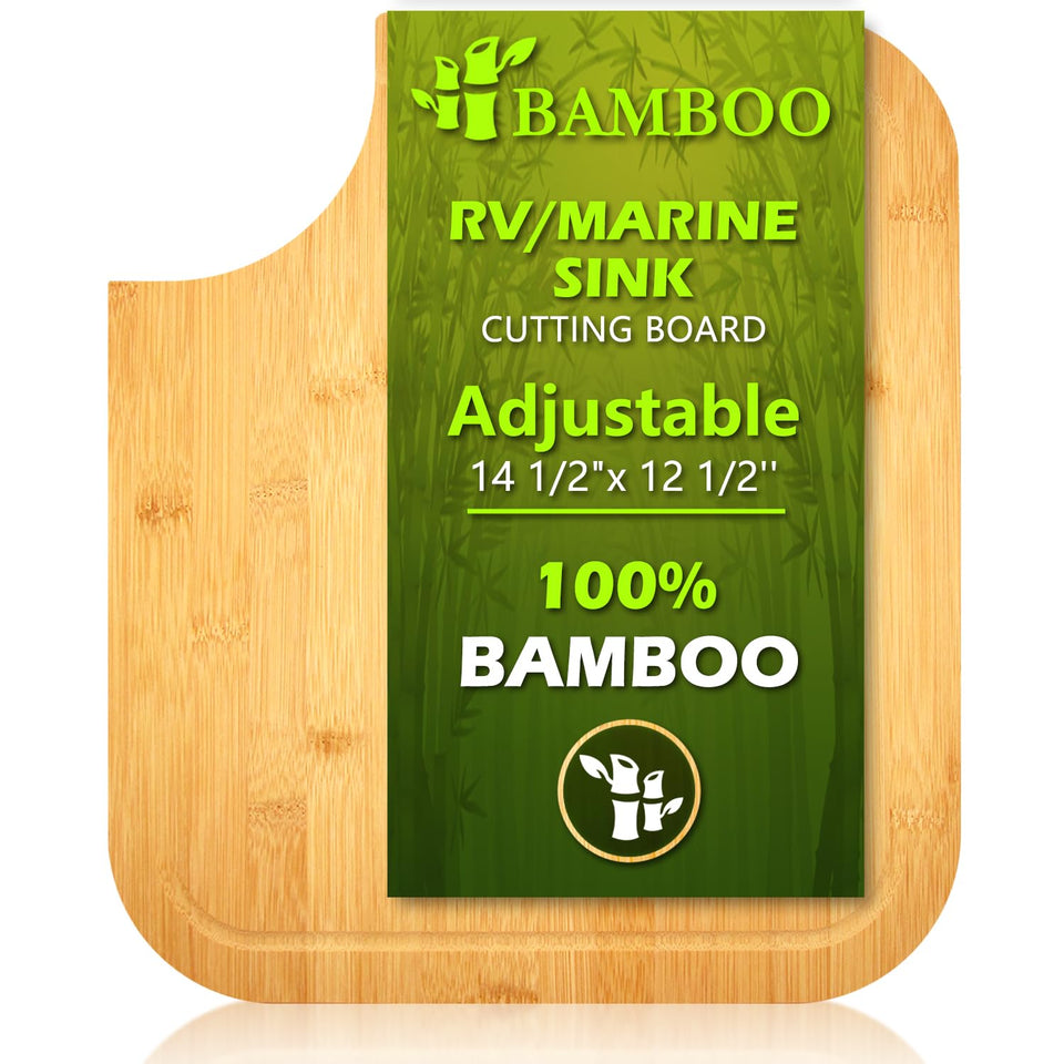 YHMYOALU RV bamboo cutting board in full view, fits most sinks and adds prep space.