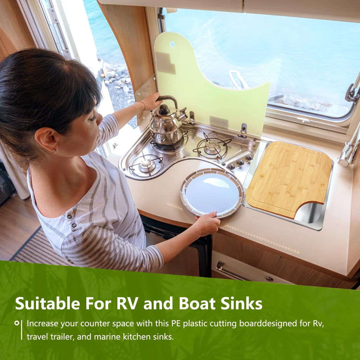 YHMYOALU board demonstrates fit for RV and boat sinks, expanding cooking space.