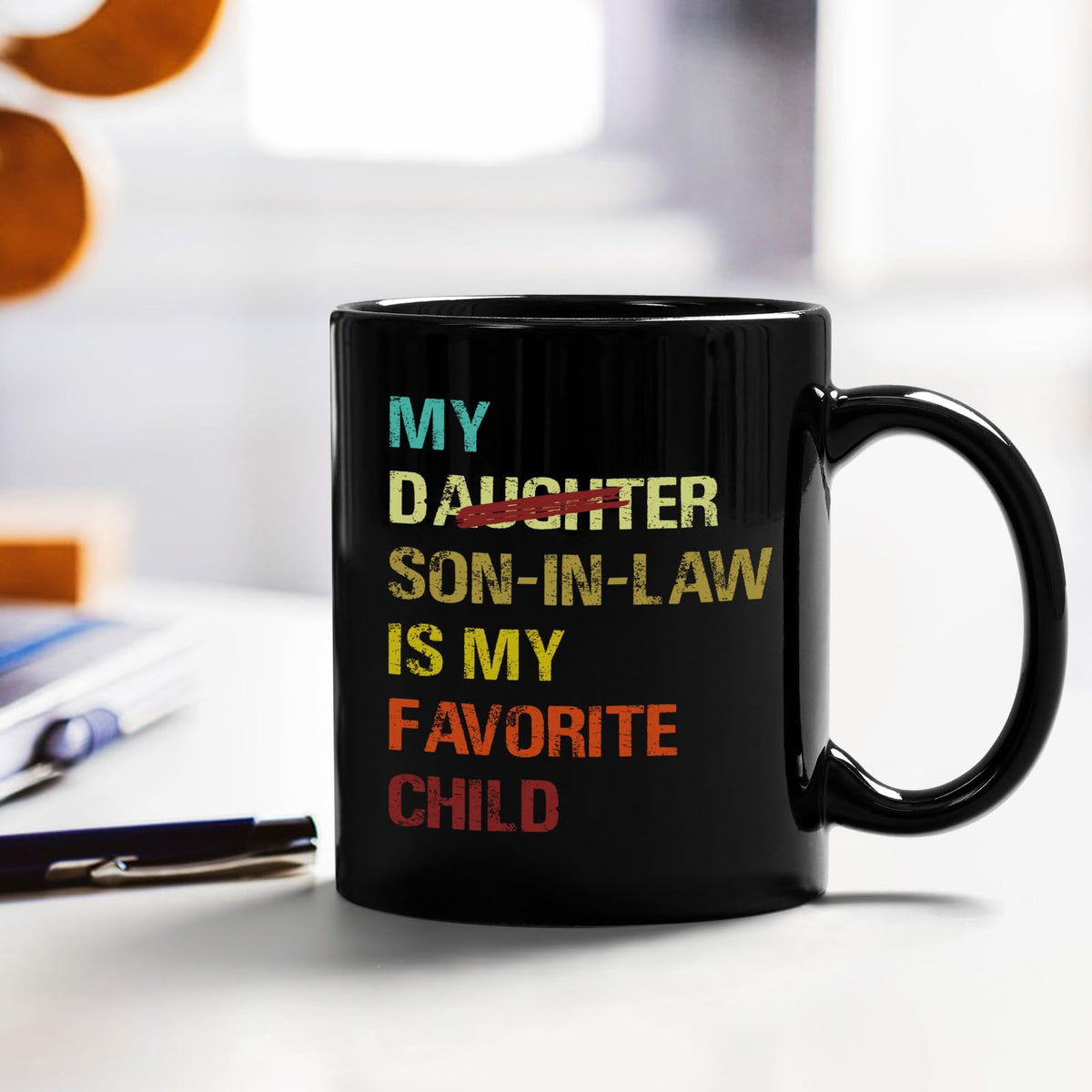 YHRJWN son-in-law mug, text print on both sides, highly visible message.