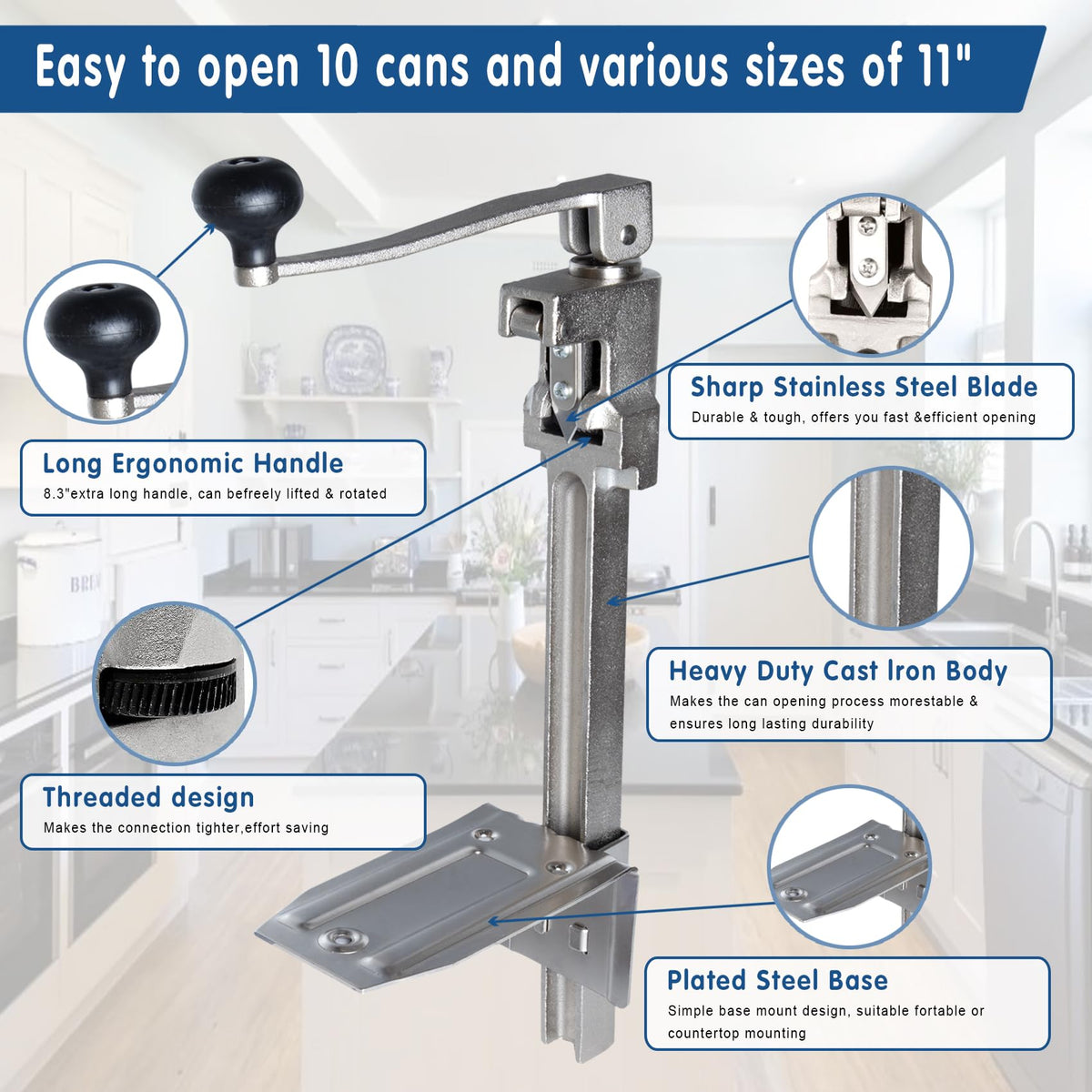 YHUER commercial can-opener can-size-13in demonstrates large can compatibility