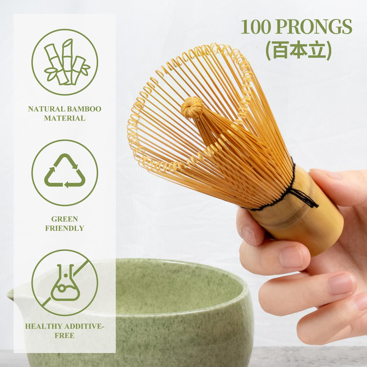 YIBO bamboo whisk close-up forming creamy foam on matcha