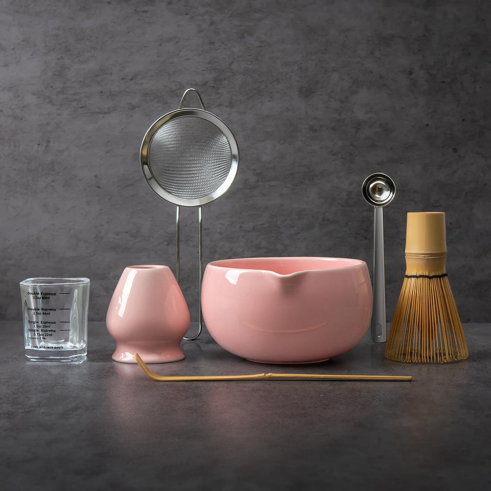 YIBO pink ceramic matcha bowl that enhances foaming for a smooth cup
