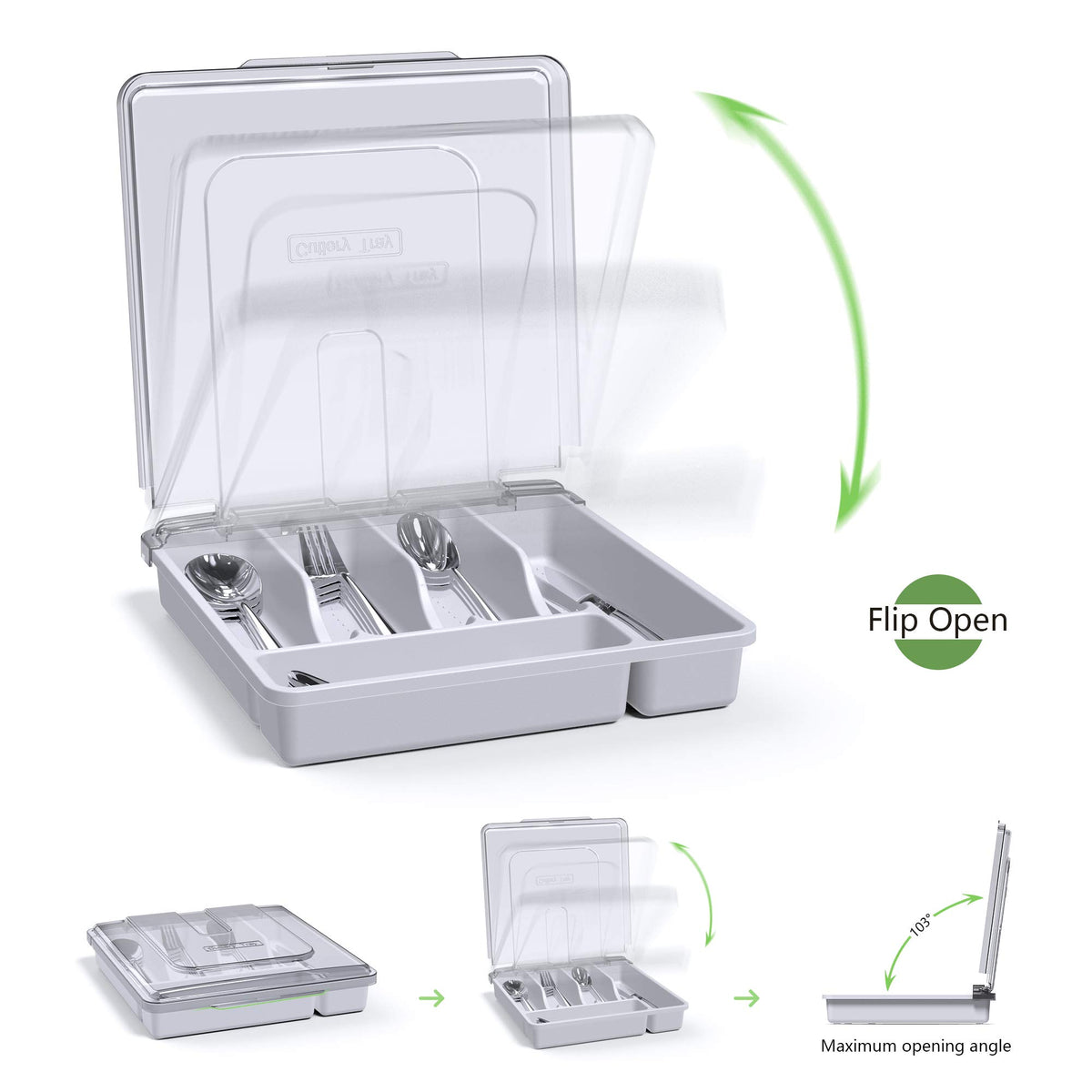 YICOCHI silverware tray with five compartments keeps forks, knives, spoons organized.