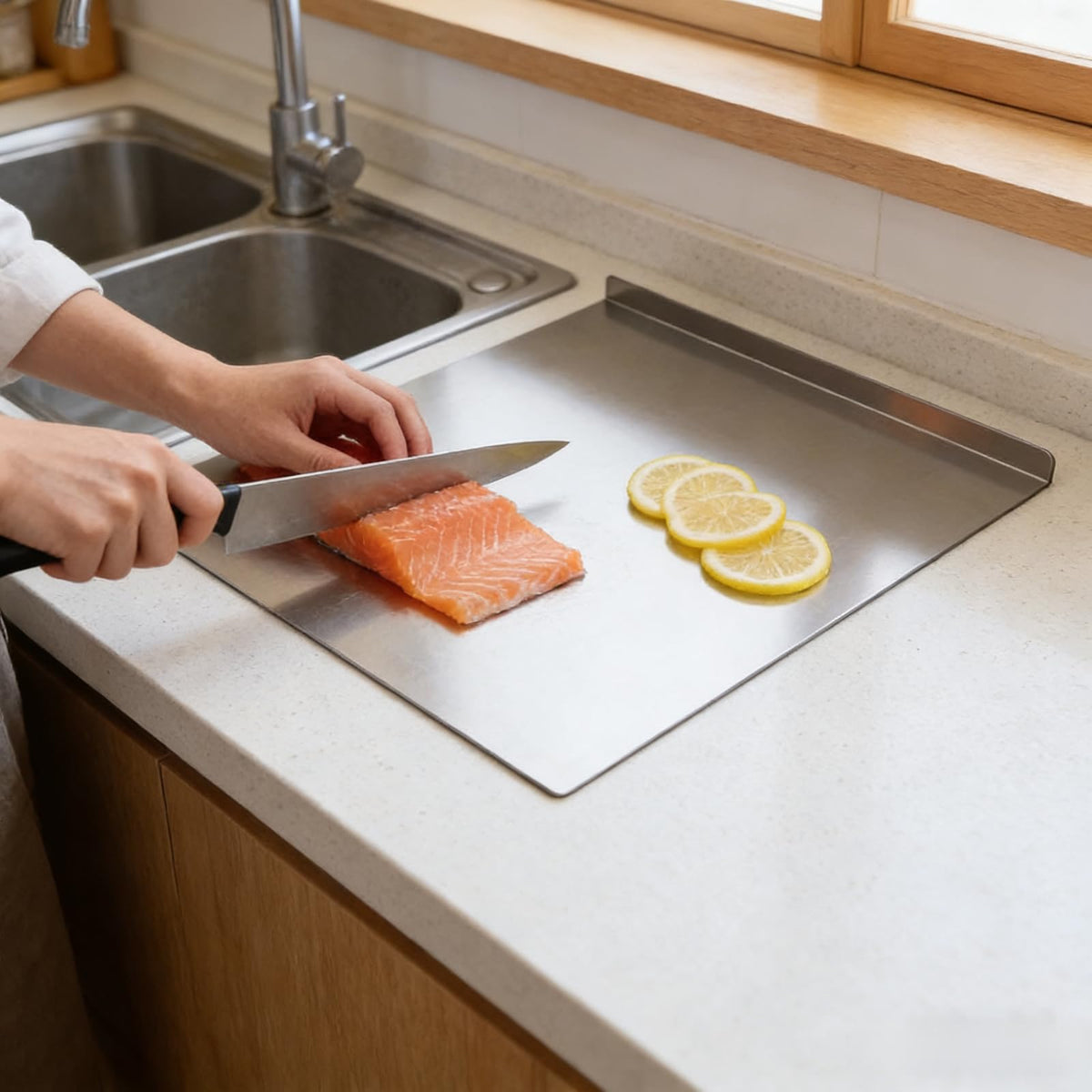 YICORIP cutting board's durable steel construction withstands heavy chopping
