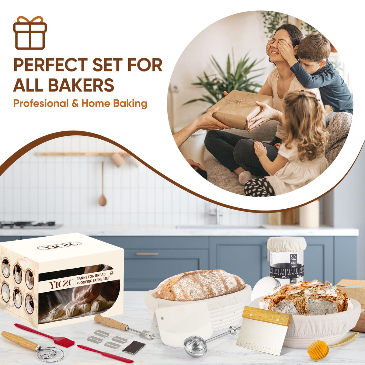 Yiczc ready-to-use bread proofing set presented as a thoughtful gift for bakers.