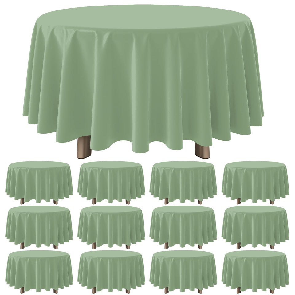 YIDAKO 84in sage green round tablecloth laid flat on table for party use.