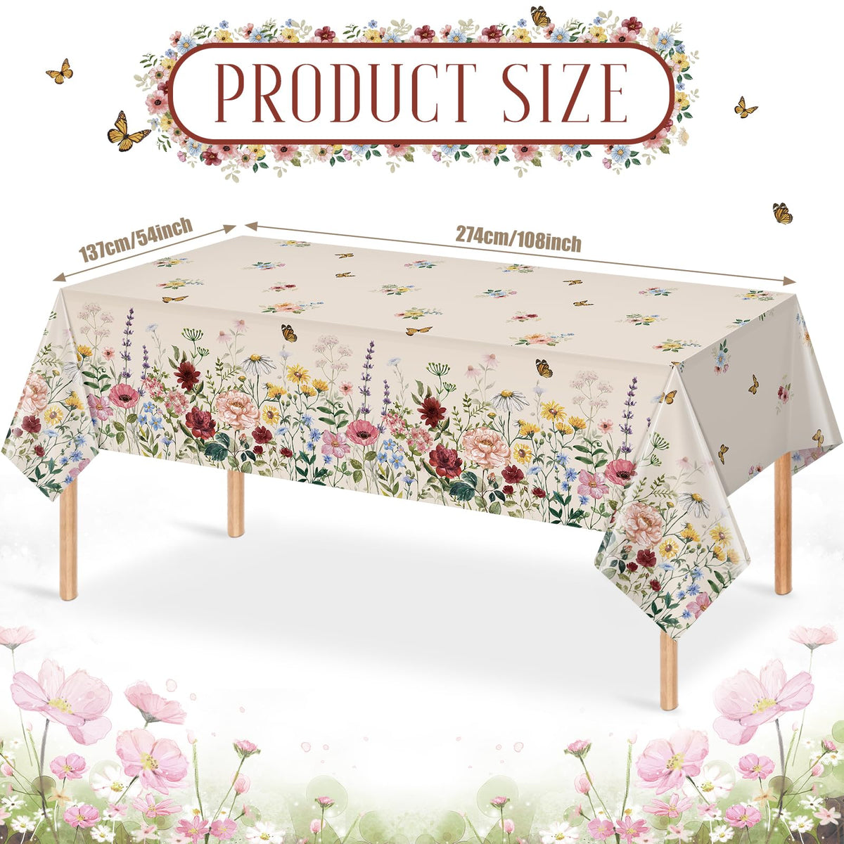 YIDAKO watercolor butterfly and wildflower pattern tablecloth for weddings.