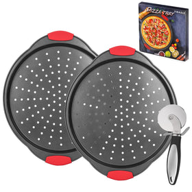 YIDAZLE pizza pan with perforations for crisper crust and even heating.