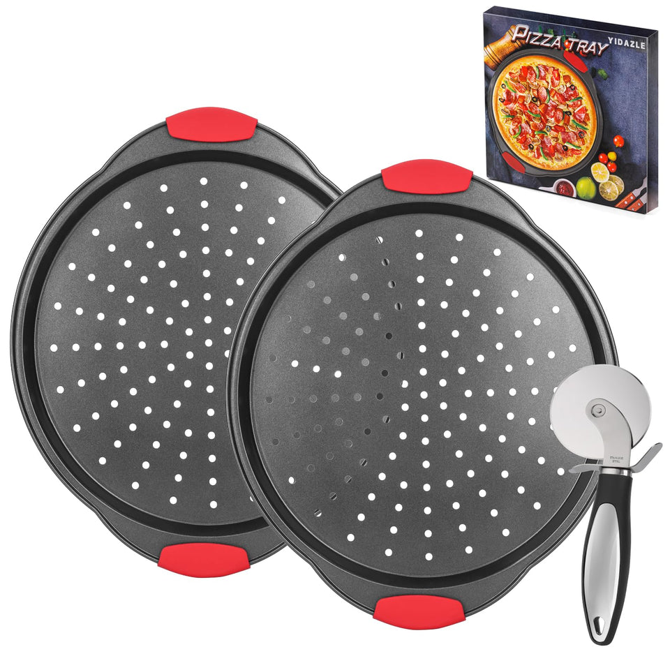 YIDAZLE pizza pan with perforations for crisper crust and even heating.