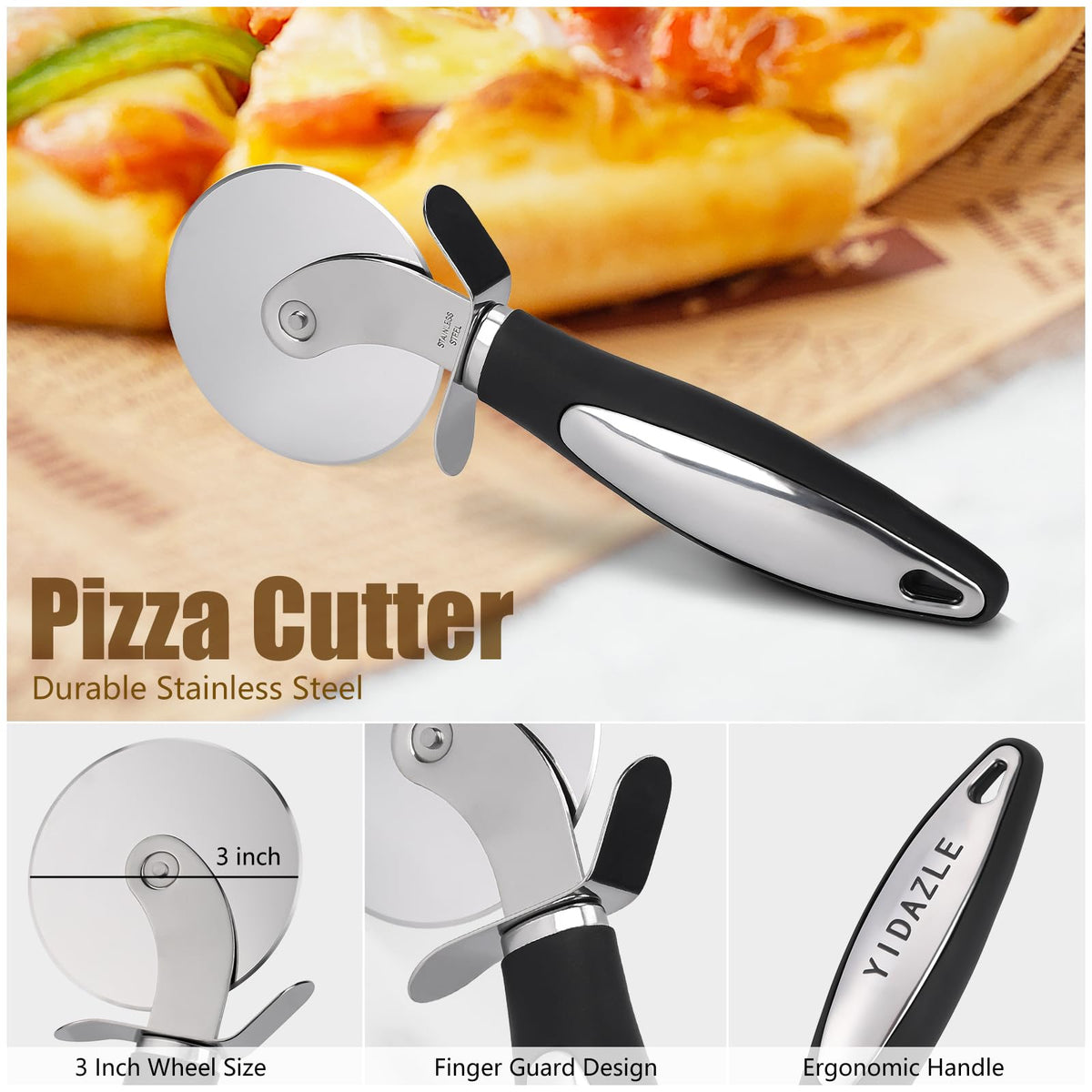YIDAZLE 3-inch pizza wheel cutter included for precise slicing.