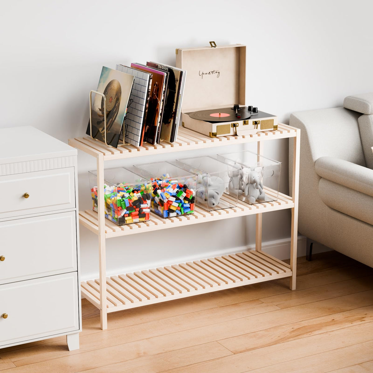 Yieach clear bathroom storage bin keeps toiletries organized.