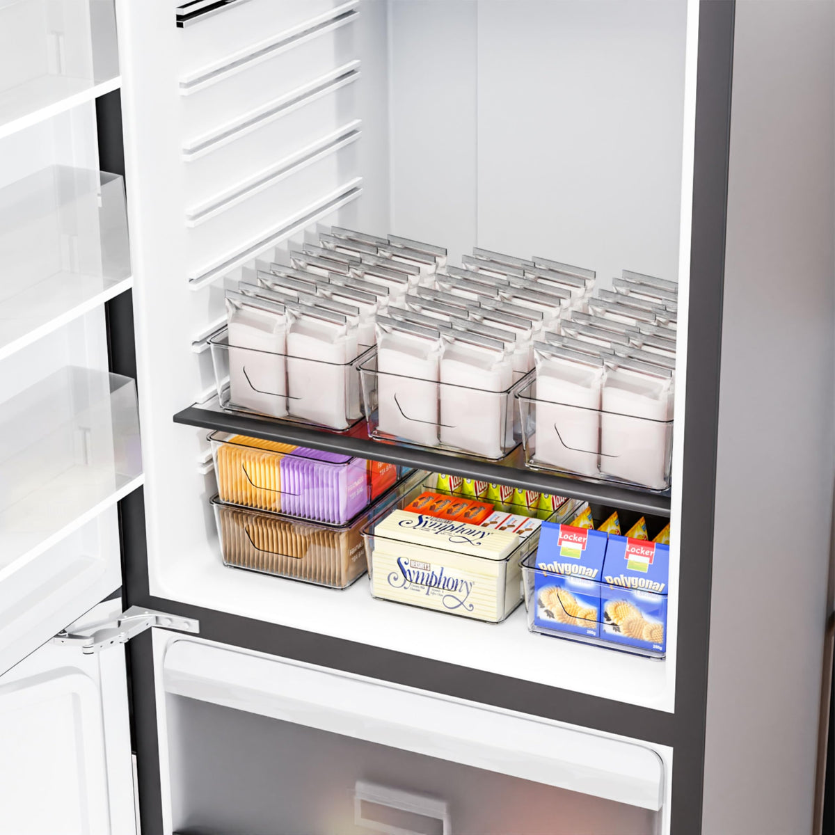 Yieach clear plastic pantry bin with dividers keeps snacks organized and visible.