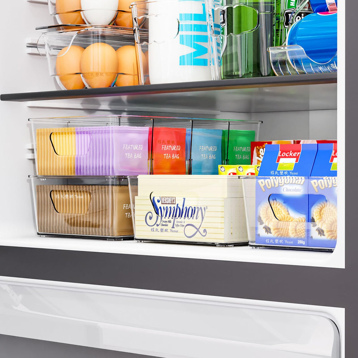 Yieach stackable bin ideal for office or pantry to maximize vertical storage.
