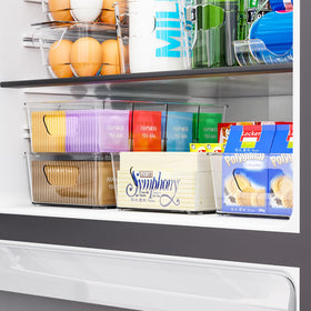 Yieach stackable bin ideal for office or pantry to maximize vertical storage.