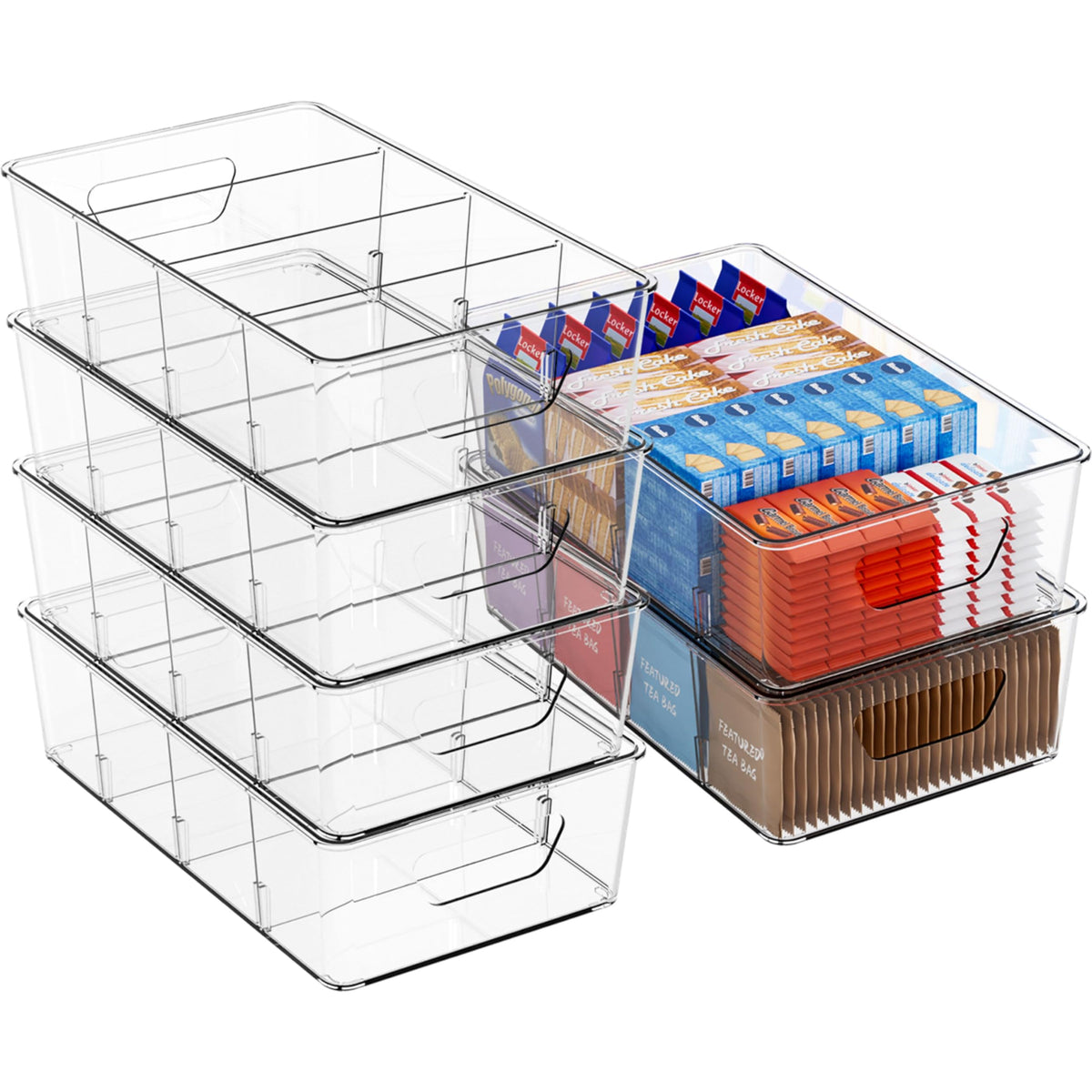 Yieach stackable snack organizer on a pantry shelf for easy access and space saving.