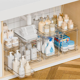 Yieach under-sink track drawer keeps supplies secure and organized.
