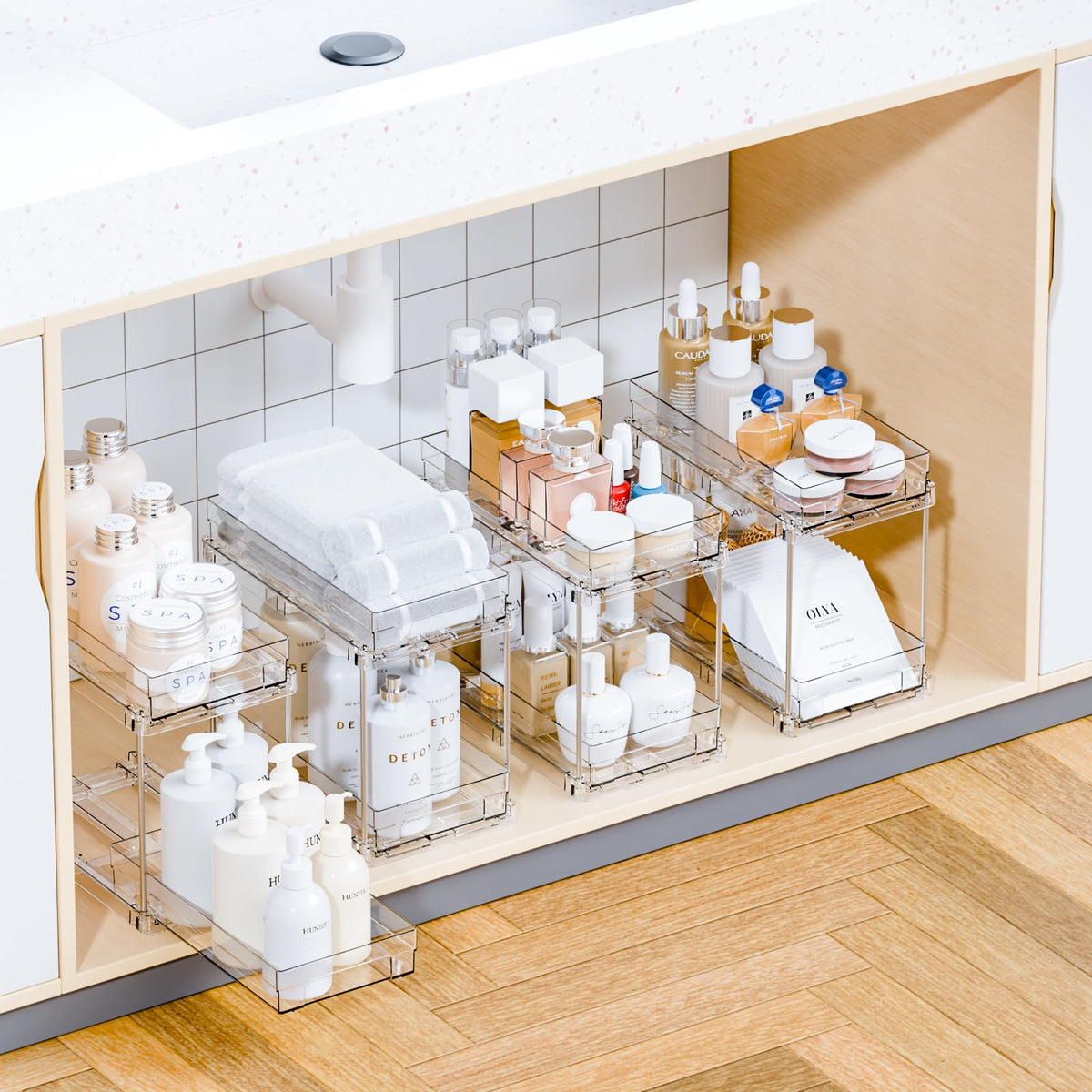 Yieach two-tier pull-out drawer under-sink for organized storage and easy access.