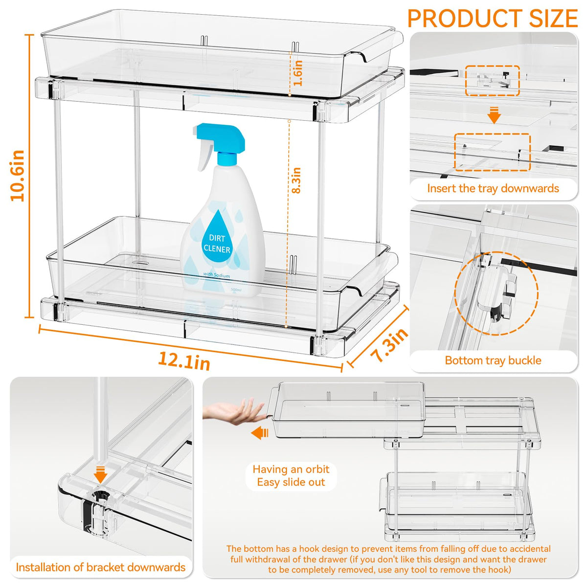 Yieach two-tier pull-out increases vertical storage efficiency.