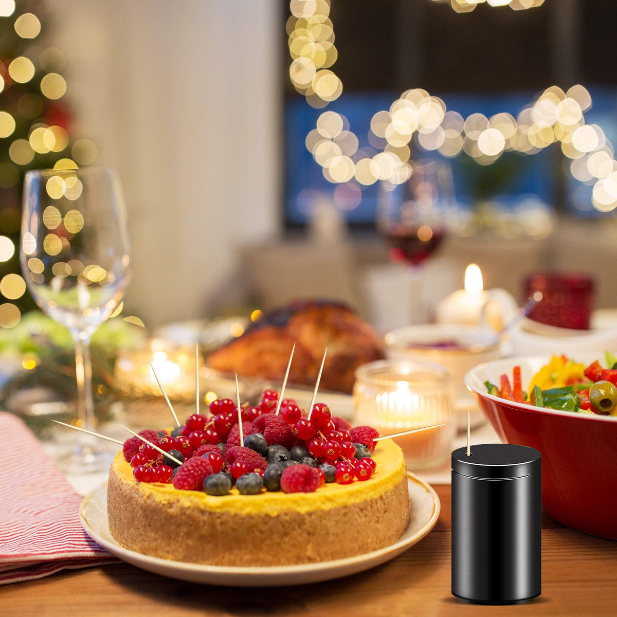 Elegant black finish enhances kitchen decor while keeping toothpicks accessible.