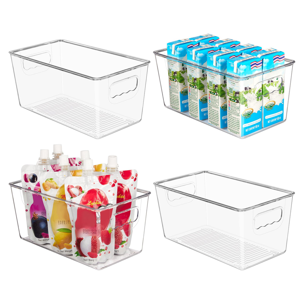 YIHONG clear plastic storage bins four-pack for organized fridge and pantry.
