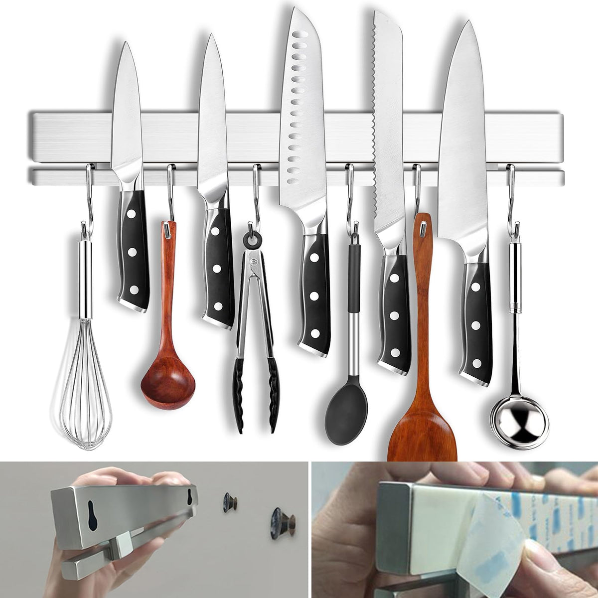 YIIYIIN magnetic knife holder on wall with 17-inch strip provides secure storage