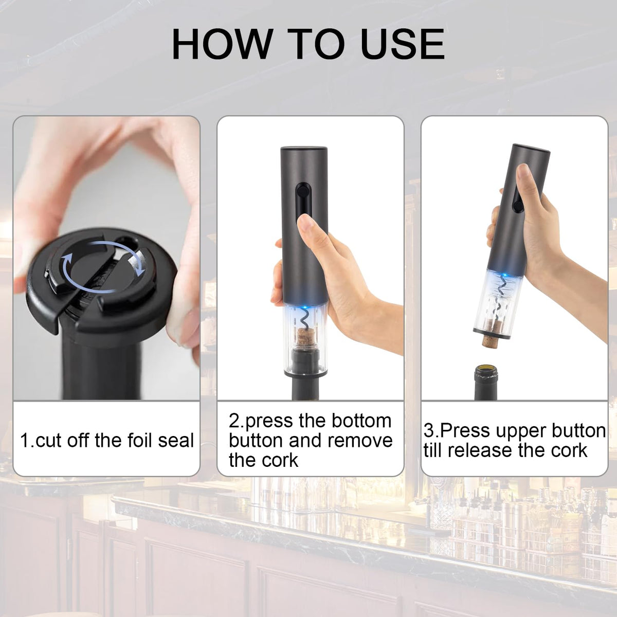Yiizy electric wine opener in use with LED light for dim dinner party prep.