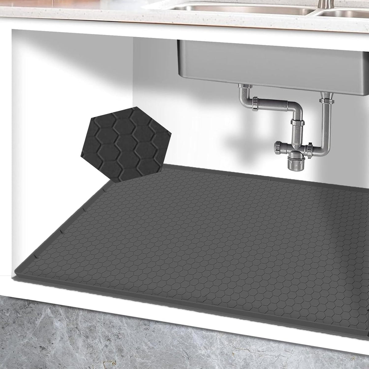 YIJUANGFA silicone under-sink mat with 0.7in edge barrier protects cabinets from leaks.