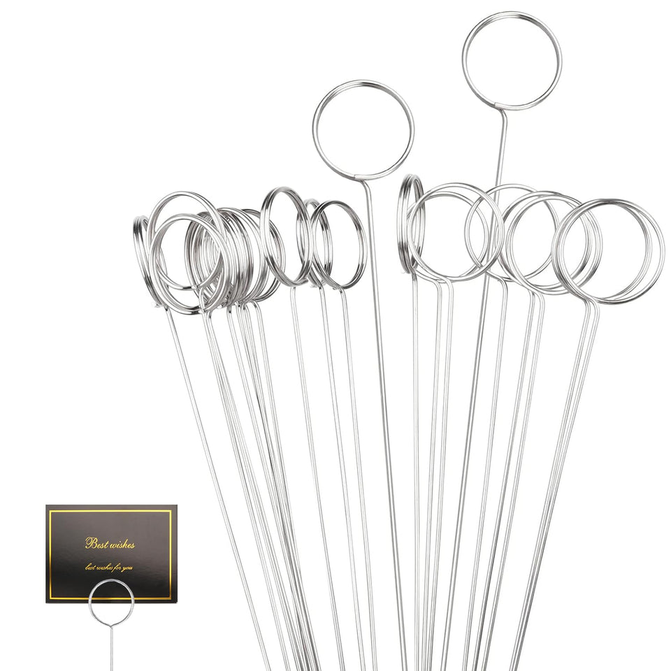 Yimerlen floral picks, 13-inch round silver, ideal for elegant wedding table labeling.