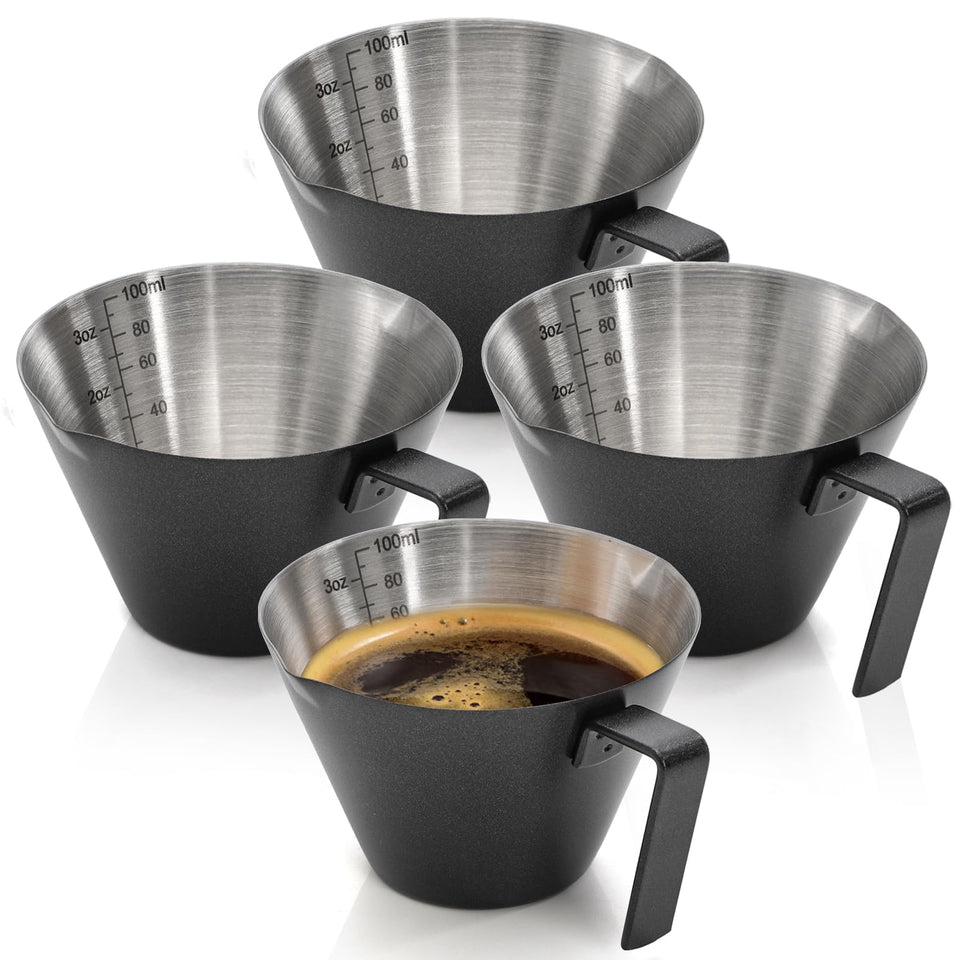 YIMITEE espresso measuring cup with double spouts and handle for precise pours.