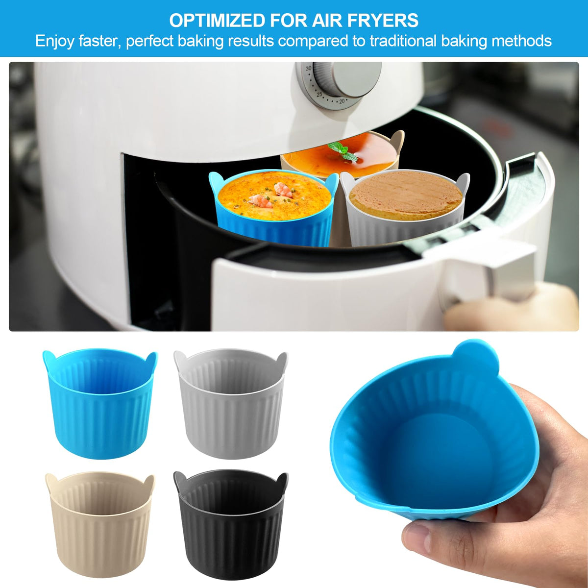 YINARONG silicone ramekins for puddings and custards, promoting even cooking in air fryers.