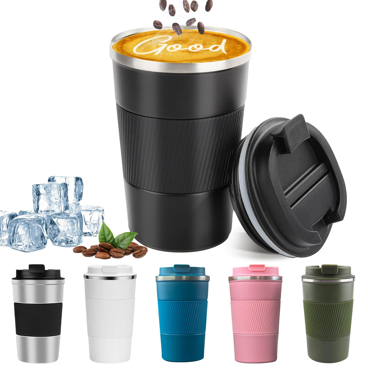 YINBAOGE insulated travel mug in black keeps coffee hot for hours.