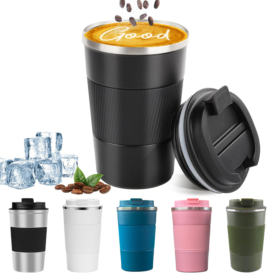 YINBAOGE insulated travel mug in black keeps coffee hot for hours.