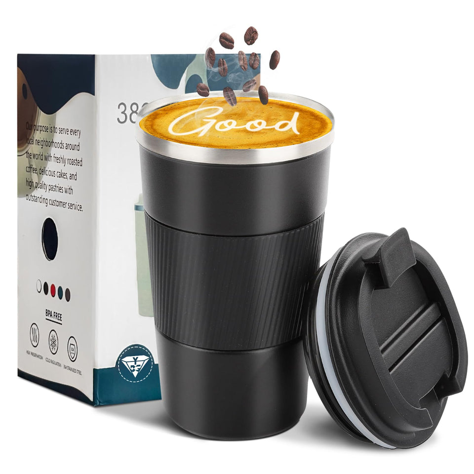 YINBAOGE insulated travel mug in black, 17 oz, keeps drinks hot or cold on the go