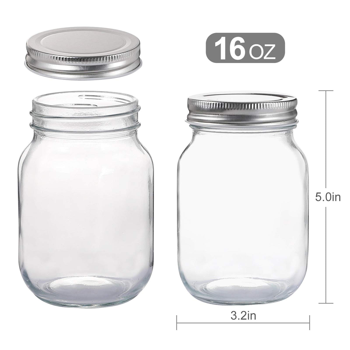 YINGERHUAN glass jar 16 oz with regular mouth for dry foods, snacks, and overnight oats