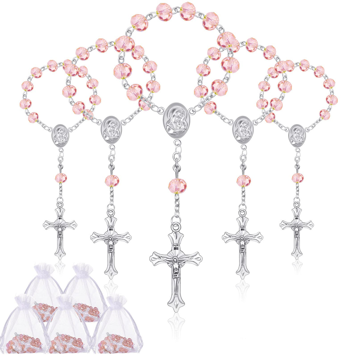 Yinkin baptism rosary with pink beads for christening favors and guest keepsakes