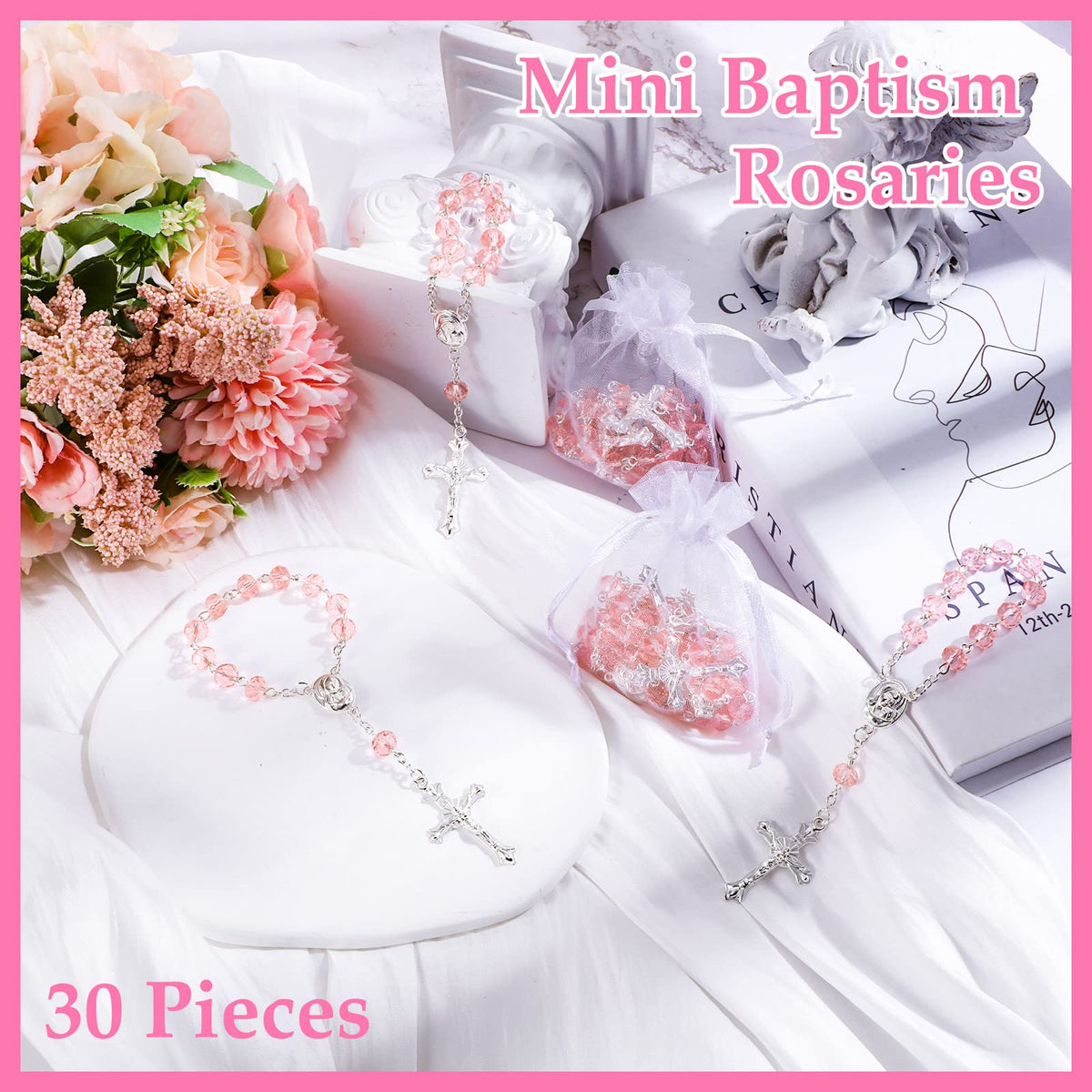 Yinkin baptism rosary with silver pendant featuring baby-hug motif for ceremony accents