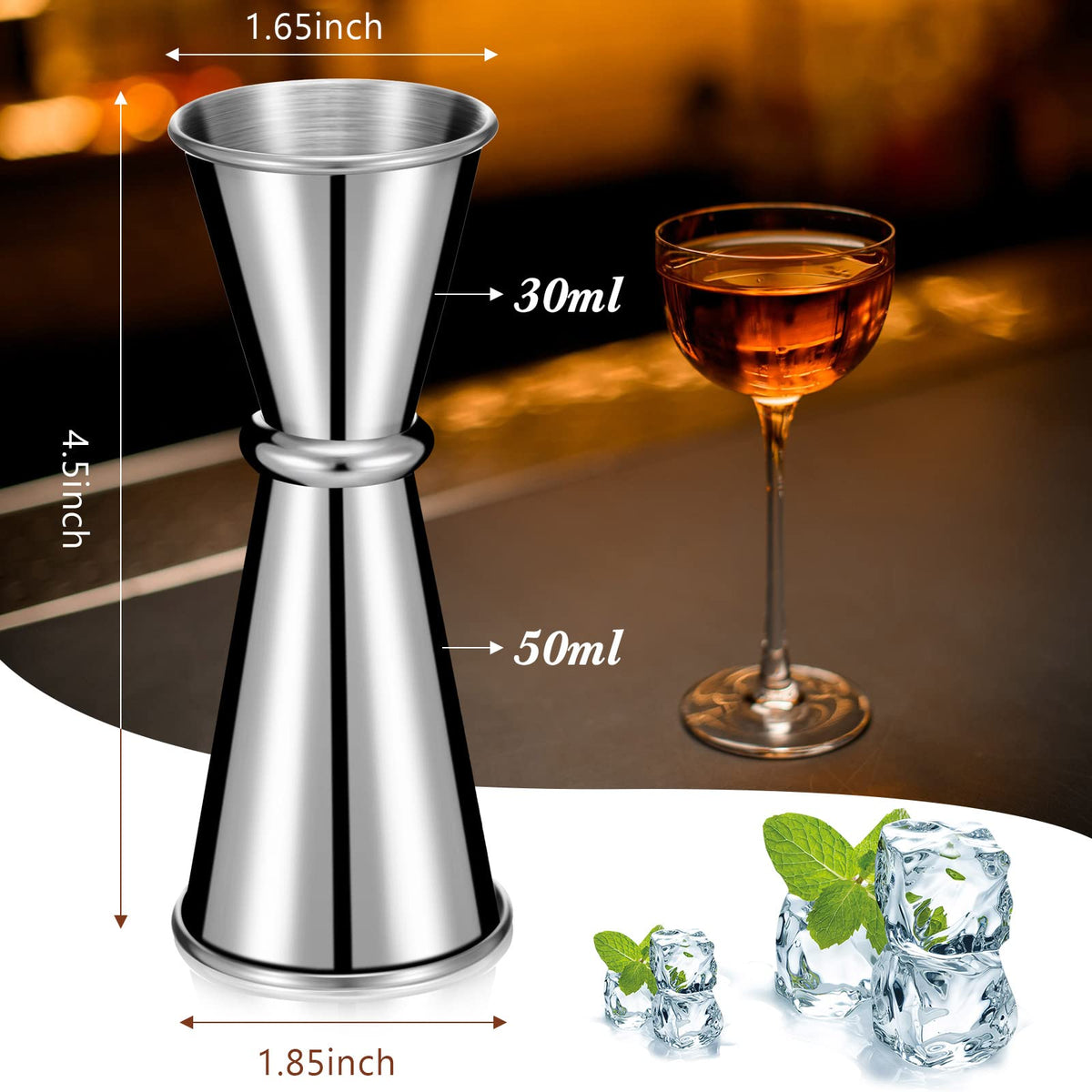 Yinkin double jigger 1oz 2oz usage image emphasizes accurate pours.