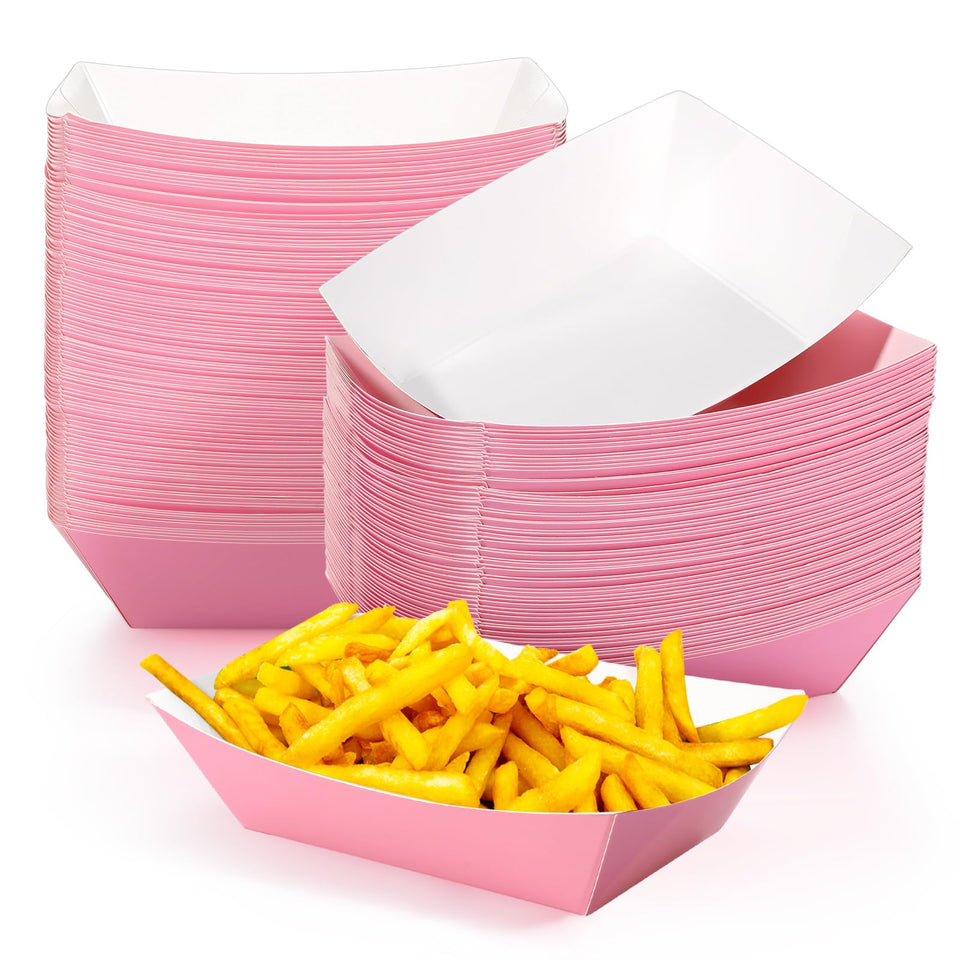 Yinkin pink paper boat trays in a 100-pack for easy event serving