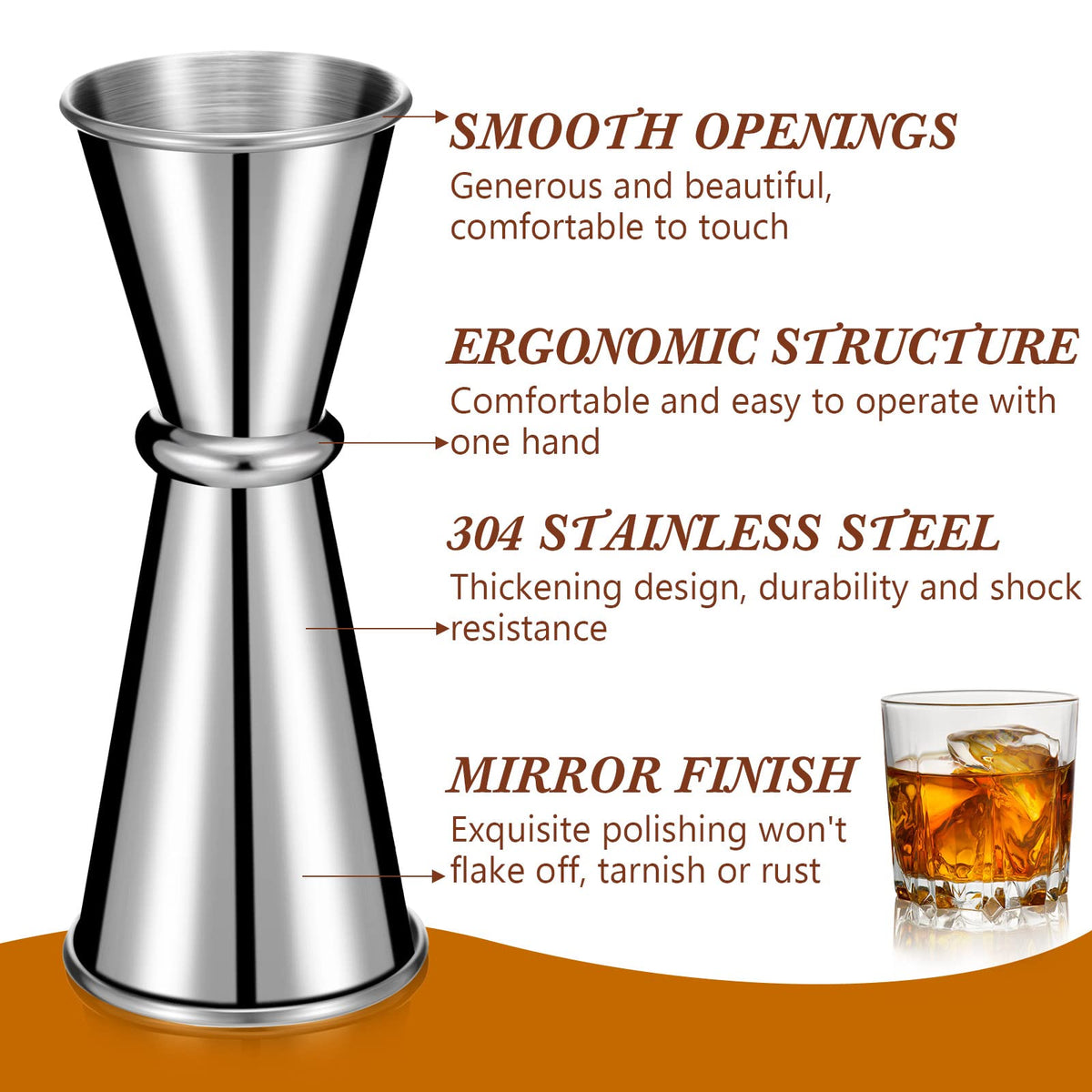 Yinkin stainless steel bar measuring cups highlight durability and rust resistance.