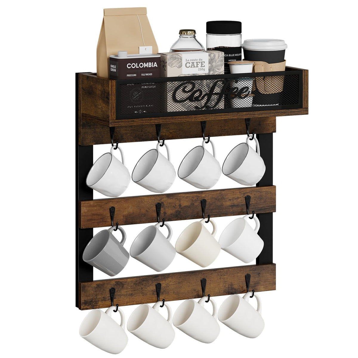 YINMIT Coffee Mug Holder with 12 hooks on wall keeps mugs organized and accessible