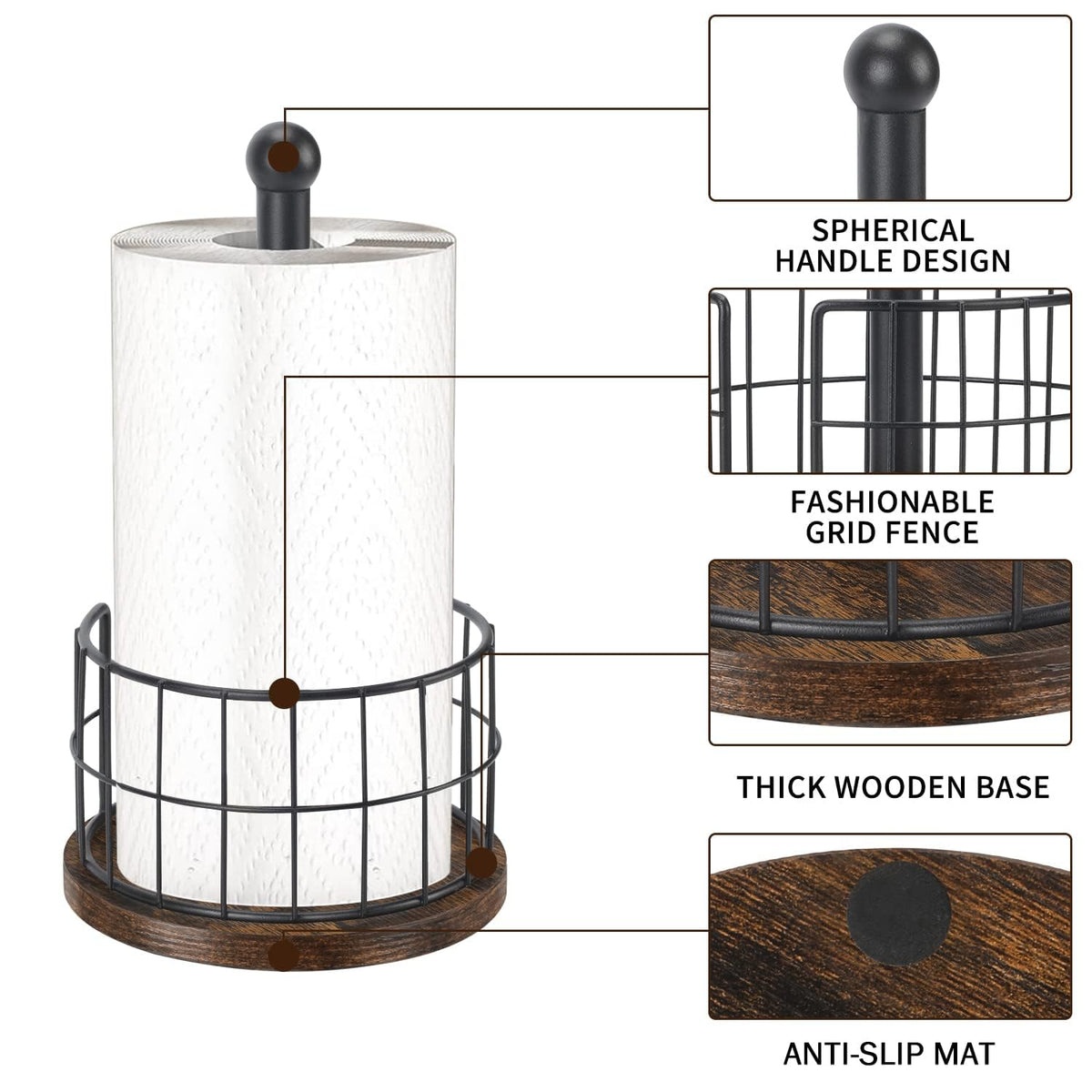 YINMIT farmhouse-design paper towel holder adds rustic charm with easy reach of towels.