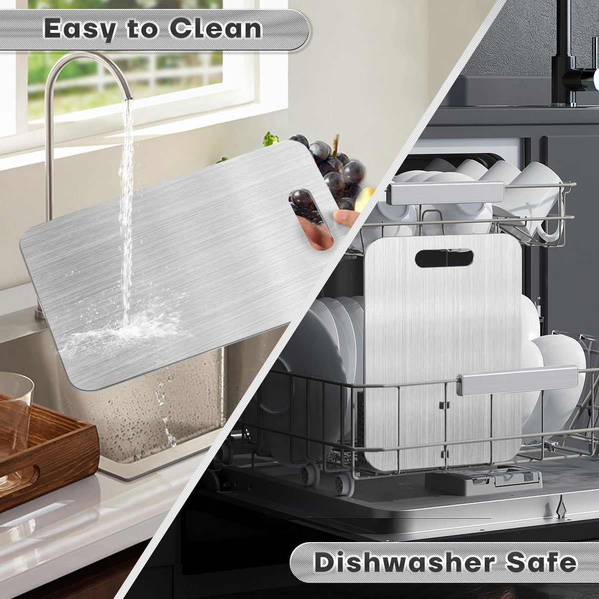 Dual-surface titanium board supports cross-use for raw and cooked foods.