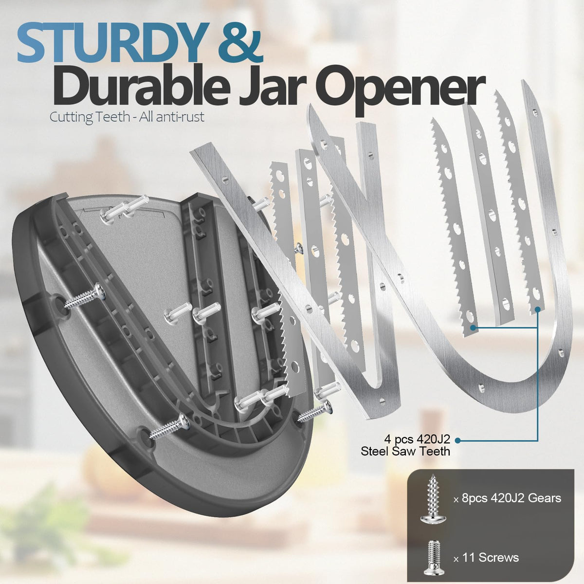Dual serrated teeth grip tight lids with YIORTWO opener