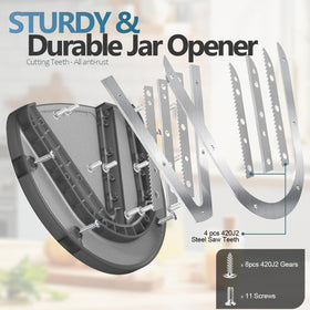 Dual serrated teeth grip tight lids with YIORTWO opener