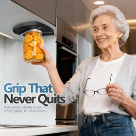 User demonstrates one-handed operation with YIORTWO jar opener