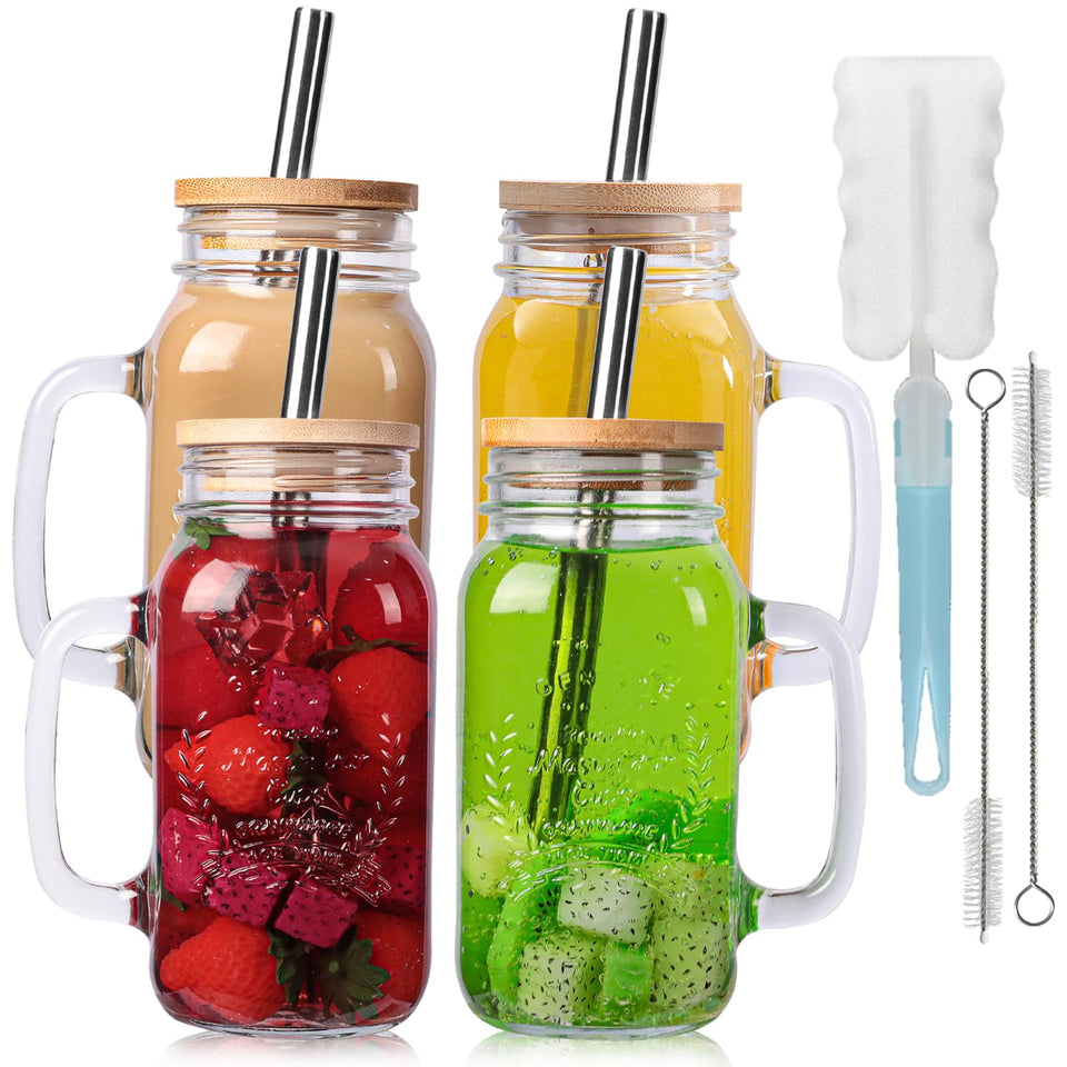 Yirilan 24oz mason jar cup with handle and bamboo lid for easy grip and iced drinks