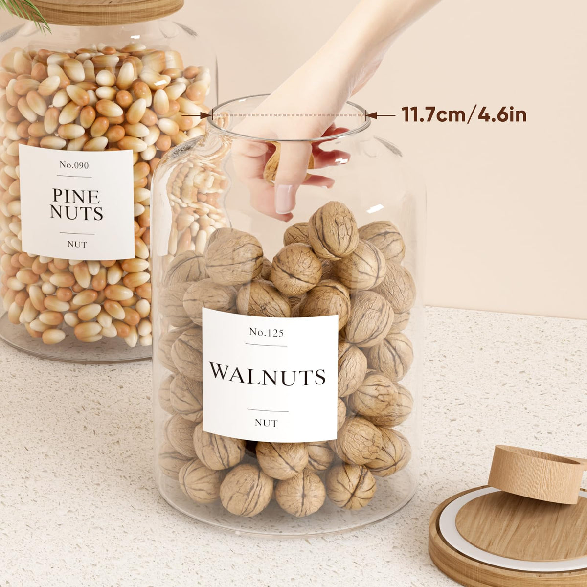 Waterproof labels help quickly identify stored ingredients.